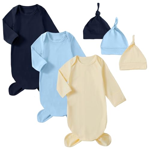 Image of OPAWO Newborn Baby Knotted Gowns with Mitten Cuffs and Hat Baby Sleeper Gowns Coming Home Outfit for Baby Boy Girl 0-6 Months