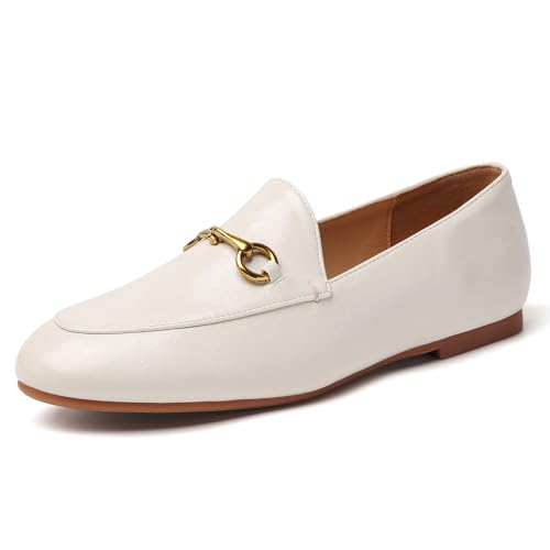 Image of Women's Classic Bit Loafers - Structured Faux Leather Business Work Flats, Comfortable Slip On Dress Shoes with Gold Metal Buckle (Updated True Size)