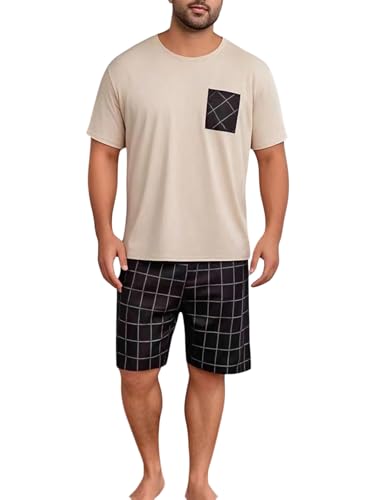 Verdusa Men's Plus Size 2 Piece Plaid Pajama Set Pj Sets T Shirts Lounge Set with Shorts