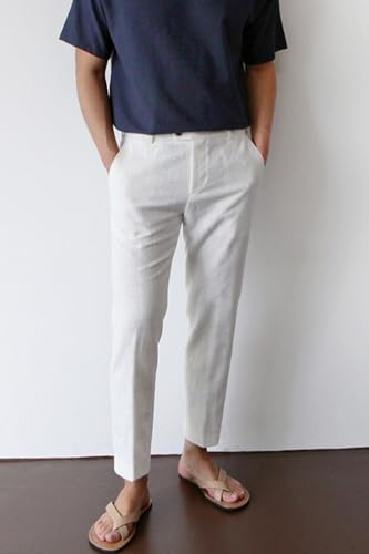Image of GINGTTO Linen Pants Men Slim Fit Elastic Waistband Lightweight Summer Beach Fashion Casual Pant
