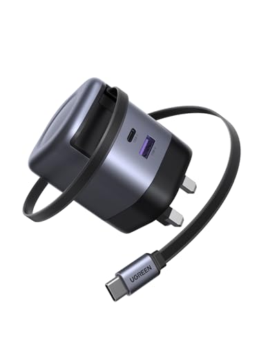 UGREEN 65W Type C Fast Charger with Retractable USB Cable 3 Ports GaN Laptop Adapter Compatible for Samsung S25 MacBook Air HP Lenovo Dell iPad HONOR Pad iPhone 17/16/15/14 Pro Max