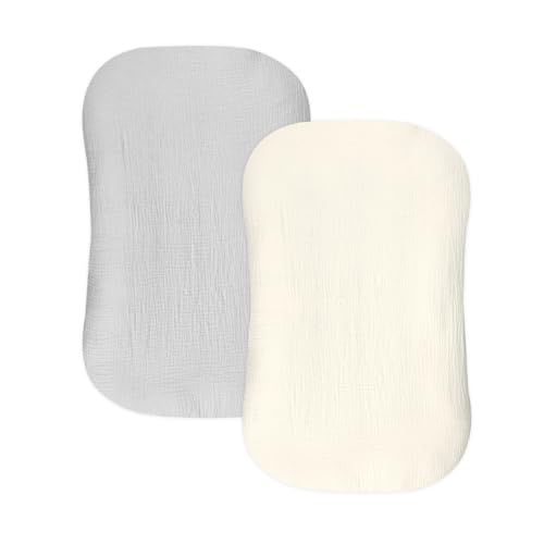 Image of Hooyax Muslin Baby Lounger Cover 2 Pack, Organic Cotton Removable Slipcover for Newborn,Baby Padded Lounger Infant Floor Seat Cover for Boys Girls (Gray Creamy-White)