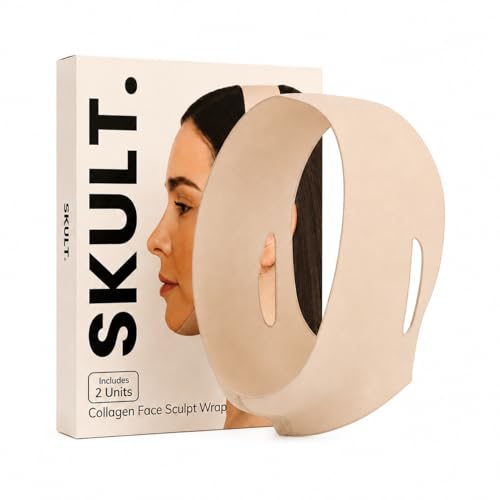 SKULT Collagen Face Sculpt Wrap for Chin & Jawline 2 PCS Reusable Chin Strap for Sleeping Adjustable Jawline Shaper Mask Breathable Skin-Friendly Face Wrap (Beige)