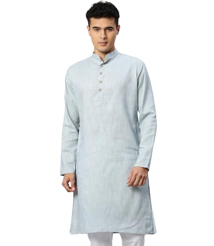 Image of Majestic Man Men's Cotton Regular Fit Traditional Mandarin Collar Ethnic Motifs Solid Long Kurta