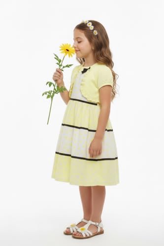Image of ToBeInStyle Girls Two Piece Short Sleeve Dress and Matching Bolero Crop Cardigan Assorted Prints Cotton Blend Summer Outfit