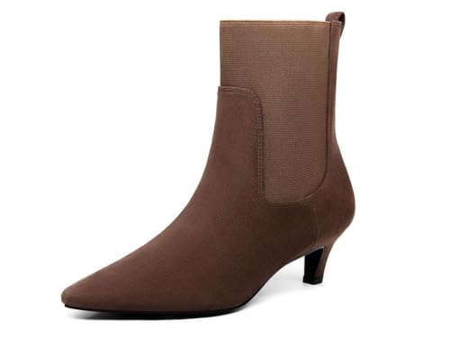 Coutgo Womens Ankle Boots Low Kitten Heel Pointed Toe Slip On Elastic Dressy Fall Winter Booties Shoes4