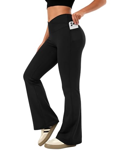 JOCMIC Women Flared Leggings with Pockets High Waisted V Cross Bootcut Yoga Pants Soft Elastic Opaque Workout Pants for Gym Pilates Running Daily Wear Black M
