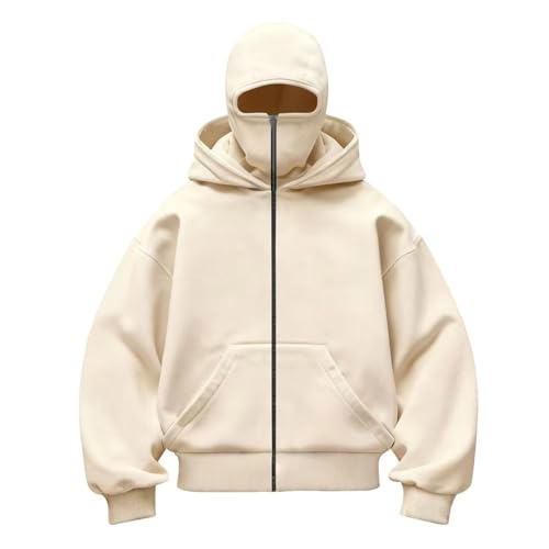 Mädchen Jungen Balaclava Zip Hoodie Kinder Winddicht Warm Kapuzenpullover mit Reißverschluss Gesichtsmaske und Tasche Freizeitjacke Y2K Langärm Jacke Locker Bequem Sweatshirt (White, 11-12 Years)