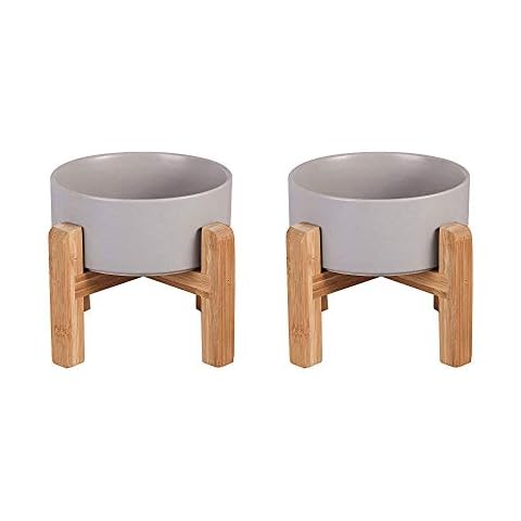 Grey Ceramic Elevated Raised Dog Bowls - Dog Food Dish with Stand - Double Raised Dog Food and Water Bowls Anti Vomiting - Pet Bowl with Anti Slip Rubber pad - Stress Free for Medium Dogs -set of 2 Cover