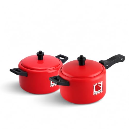 Image of SALFORD Tim & Tam Mini Cooker + Casserole Set (2 Pcs) | Compact & Functional Mini Cookware | 800 ml Mini Cooker & Casserole | Durable Build (Red)