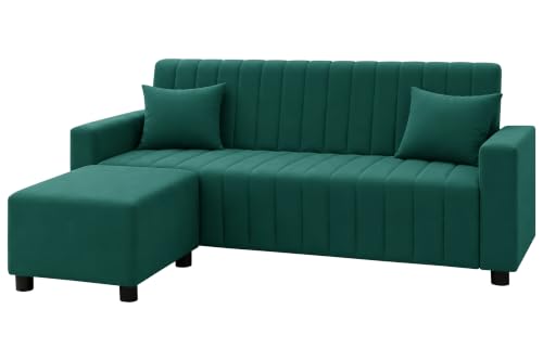 Image of Rosebell Three Seater Sofa Set with Ottoman | Living Room Couch | with Printed Cushions | Sofa for Home, Apartment & Office-Green Color