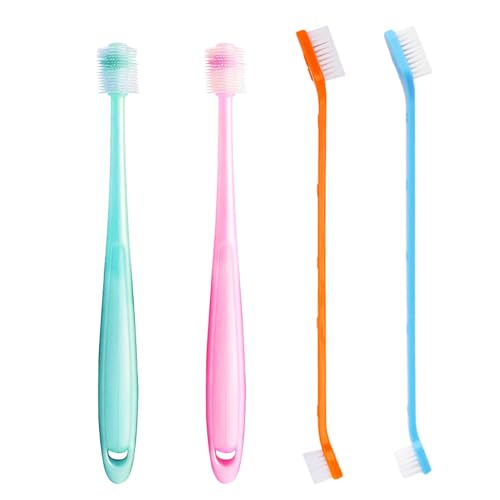MEMOFYND Paquete de 2 cepillos de dientes de silicona suave de 360 grados con 2 cepillos de cerdas de doble cara para perros pequeños y gatos, kit de limpieza dental para mascotas, cepillo de cuidado