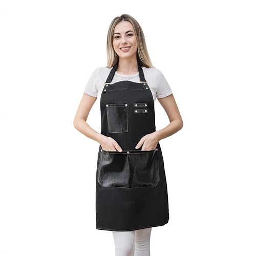 CapeshionPro Barista Tools Apron for Women Hairstylists Servers Waterproof Canvas Kitchen Apron with 3 Pockets for Cooking Gardening Black