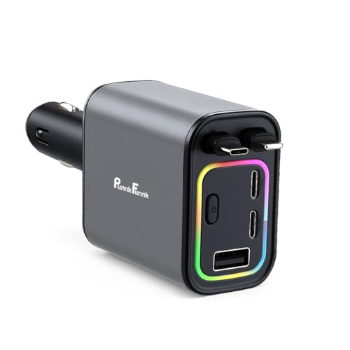 Image of PunnkFunnk 120W 5-in-1 Super Fast Car Charger | Multi-Port USB & Type-C Car Adapter with Display Screen, Telescopic Charging Cable, 4 Devices Simultaneous Charging - Compatible with iOS & Android