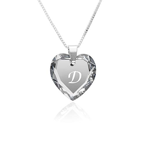 Kette Damen 925 Silber, SWAROVSKI ELEMENTS Herzanhänger Farbe Crystal Silber Buchstabengravur" D", Herzkette als Geschenk für die Frau, Freundin oder zum Valentinstag