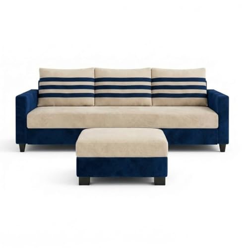 Image of Cavina 4 Seater L Shape Sofa Set with Movable Ottoman | Flexible Left or Right Layout | Luxury Velvet Suede Fabric | Modern Living Room Sofa | Dark Blue-Cream
