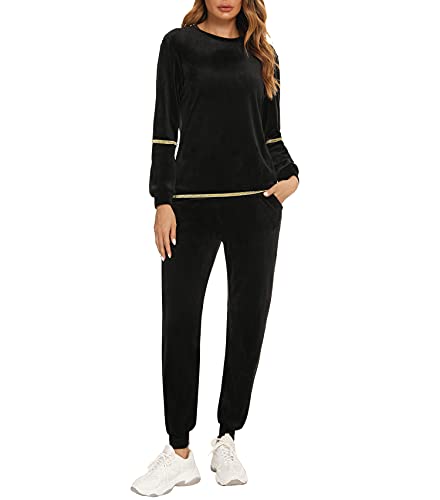 Enjoyoself Damen Nicki Hausanzug Samtweich 2 Teilig Trainingsanzug mit Paillette Warmer Schlafanzug Ohne Kapuze Rundhals Pullover+Relaxhose...