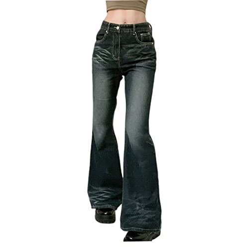 Bell Bottom Jeans for Women Mid Rise Wide Leg Denim Pants Baggy Printed Flare Hem Jeans Stretchy Sexy Blue Trousers