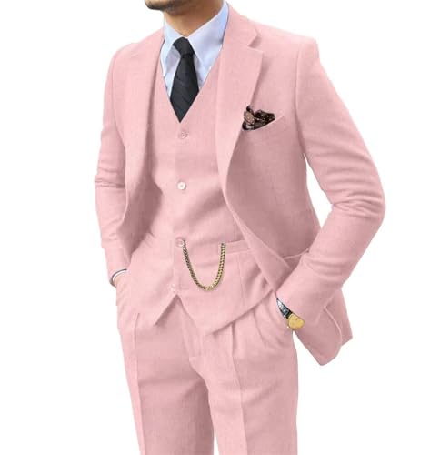 3 Piece Suit Tweed Herringbone Men's Suits Slim Fit Groom Tuxedos Set Prom Brown Grey Jacket Blazer Vest Pants Pink M