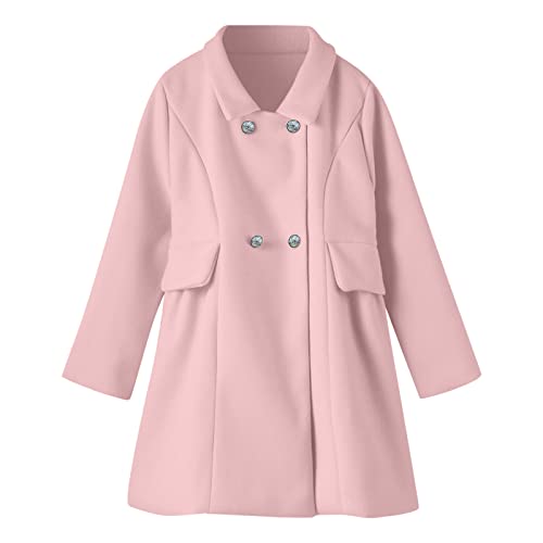 Image of Toddler Girls Double Breasted Dress Coat Wool Blend Lapel Solid Color Peacoat Windproof Cozy Outwear (Pink, 1-2 Years)