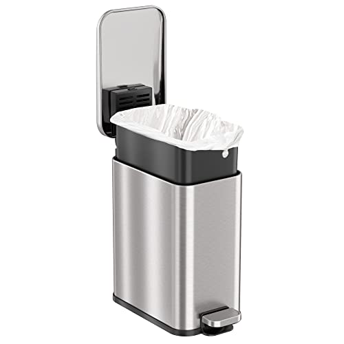 Image of iTouchless SoftStep 1.3 Gallon Small Slim Bathroom Trash Can with Removable Inner Bucket & AbsorbX Odor Filter, Stainless Steel, 5 Liter Garbage Step Bin, Bathroom, Bedroom, Business Office Cubicle