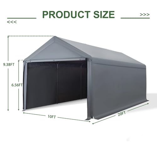 Carport 10x20 Heavy Duty Canopy Steel Canopy Storage Shed,Portable Garage Party Tent,Portable Garage with Removable Sidewalls & Doors All-Season Tarp for Car,Truck,SUV,Party (Grey) - Thumbnail 2