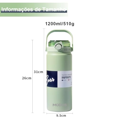 Garrafa Térmica de Aço Inoxidável de Grande Capacidade com Canudo e Alça 1200ml (Verde)