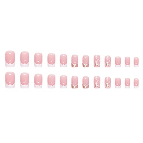 Glitters French Tip Press On Nails Medium Short Square Fake Nails With Sparkling Heart Design Glossy Glue On Nails White Nail Tips Full Cover False Nails Artificial Acrylic Nails For Women Girls 24Pcs #TOP4