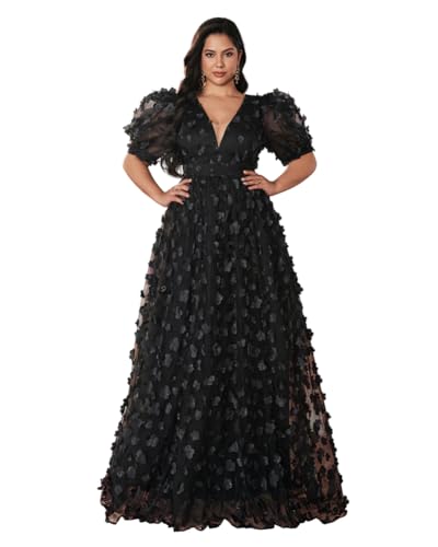 Women's Plus Size Puffy Sleeve V Neck A Line Floral Tulle Formal Maxi Dress Prom Evening Party Gowns Black