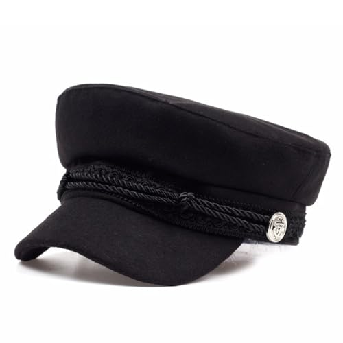Béret pour homme et femme chapeau marin en cuir noir à haut plat
