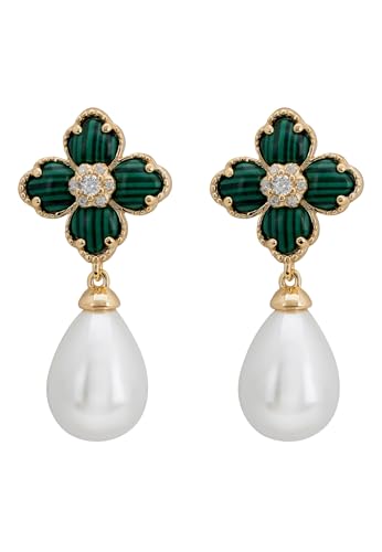 Latelita Pendientes colgantes de plata de ley chapados en oro de 18 quilates, con pera, malaquita, verde, majorica, perla blanca, inspirada en mayo, Plata de ley, Malaquita
