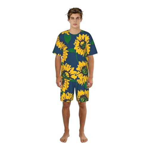 Pyjama court hommes bleu marine léger vêtement de nuit été imprimé tournesols
