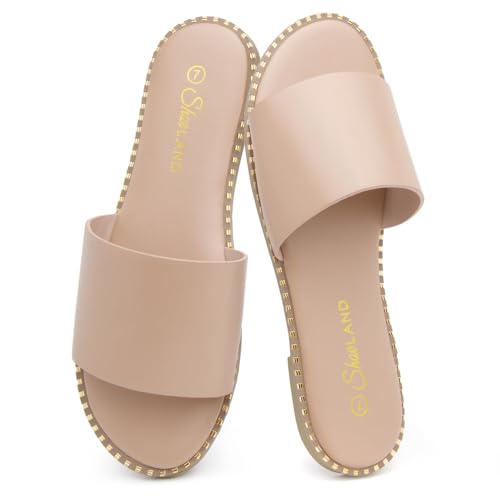 Image of Shoe Land Flat Sandals for Women - Slip-On Slides with Cushioned Footbed | Comfortable Dressy & Casual Open Toe Summer Sandals for Beach, Travel & Everyday Wear