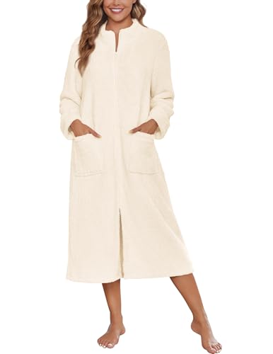 Image of Ekouaer Women Zipper Robe Fleece Long Sleeves Bathrobe Sleepwear Warm Soft Housecoat with Pockets Zip Up House Dresses