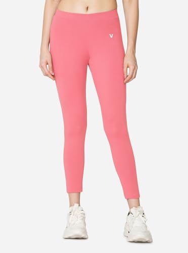 Image of VSTAR PL02 Women Ankle Length Stretchable Slim Fit Leggings with Secured Side Pocket | Moisture-Wicking | Soft Waistband & Cotton-Elastane Fabric | L | Shell Pink