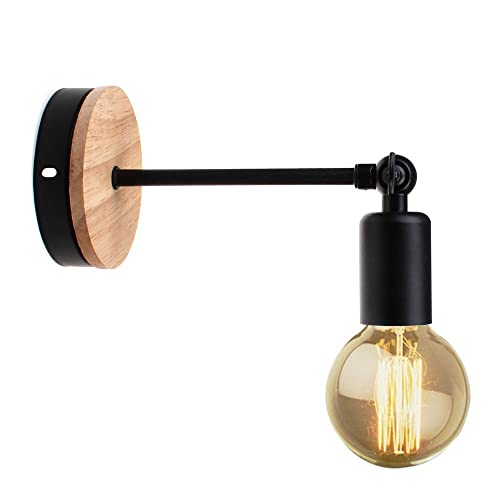 Lámpara de Pared Minimalista Moderna nórdica Negra Ajustable para Interiores, Casquillo E27, Base de Metal y Madera, máx. 40 W, Ideal para Pasillo, Dormitorio, Loft.