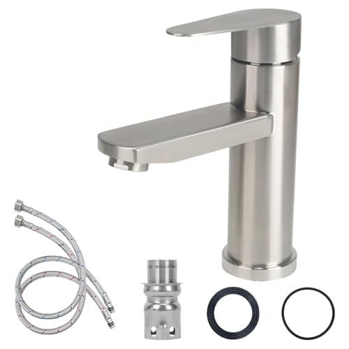 Minnhua Edelstahl Waschtischarmaturen Bleifreier, Wasserhahn Bad mit Schlauch, Einhebelmischer Waschbeckenarmatur, Mischbatterie Waschbecken für Waschbecken Waschtisch Badezimmer, Gäste WC (Silber)