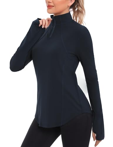 Crewhpo Womens Long Sleeve Tops 1/4 Zip Running T-Shirt Lightweight Polo Shirts UPF 50+ Activewear with Thumb Holes Sports Hiking Gym Tops Blue