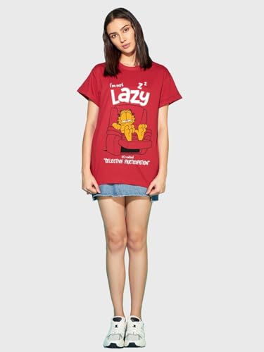 Image of Bewakoof X Official Garfield Merchandise Women's Selective Participation Graphic Printed 100% Cotton T-Shirt - Boyfriend Fit, Round Neck, Half Sleeves, Loose Fit