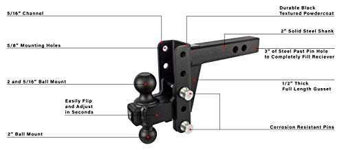 Bulletproof Hitches 2.0" Adjustable Heavy Duty (22,000Lb Rating) 4" Drop/Rise Trailer Hitch With 2" And 2 5/16" Dual Ball (Black Textured Powder Coat, Solid Steel) #TOP6