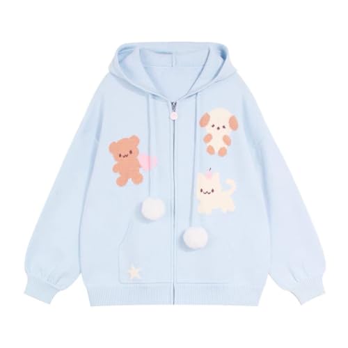 Women's Japanese Kawaii Small Animal Embroidered Zipper Knitted Cardigan Hooded