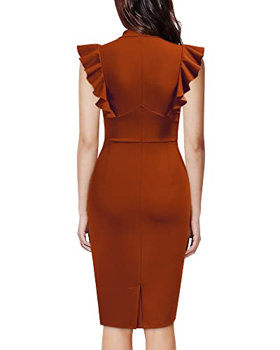 Image of Knitee Women's Vintage Ruffle Sleeve V-Neck Bodycon Evening Party Cocktail Pencil Sheath Dress
