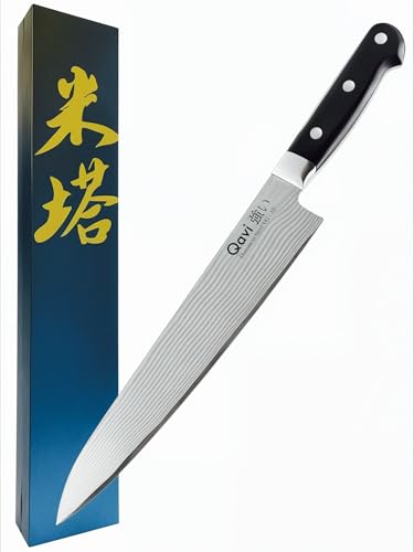 Qavi Long Chef Knife, 10 Inch Sashimi Knife, 33 Layers Damascus Steel Gyuto Knife with VG10 Core Blade and Pakka Wood Handle for Filleting, Slicing and Chopping