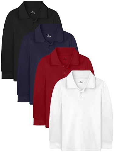 Cooraby 4 Pack Boys' Long-Sleeve Pique Polo Shirt Winter Soft Casual Polo Shirt School Uniform for Kids