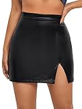 DIDK Damen PU Leder Rock Elegant Hohe Taille Röcke Casual Rockabilly A-Linie Freizeitrock Bodycon Minirock mit Schlitz Schwarz B M
