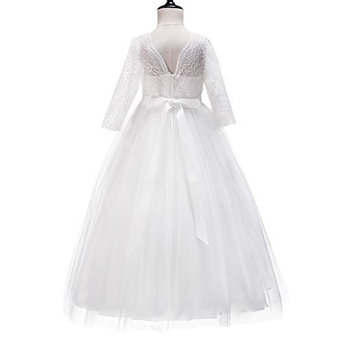 Flower Girl Dress Princess Pageant Long Lace Tulle Ball Gowns 3/4 Sleeves Wedding Bridesmaid Formal Party Dresses Little Baby Baptism Big Girls First Communion Prom Maxi Dress For Kids White 9-10Y #TOP2