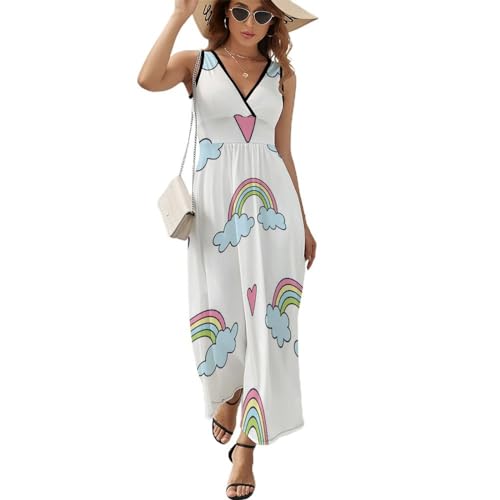 Robe longue d'été arc-en-ciel col V sans manches pour le style décontracté