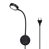 Luxvista Lámpara de lectura montada en la pared, Lámpara de cabecera LED con interruptor de encendido/apagado con cuello de cisne de 28MM Flex 5W Blanco cálido 3000K Negro (EU Enchufe)
