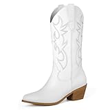 MUCCCUTE Women's Western Cowgirl Cowboy Boots Embroidered Stitching Point-Toe Boot Fashion Retro Block Heel Pull-On Wide-Calf Boots Size 8