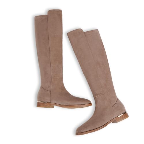 Image of Modatope Rounded Toe Flat Stretchy Dress Knee High Boots Side Zipper | Suede Elastic Fall Winter Boots, Low Chunky Block Heel Riding Boots,2026 Fashion Womens Tall Long Boots